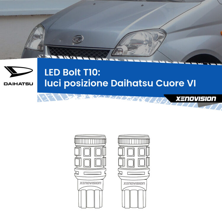 0 Luci posizione LED Daihatsu Cuore VI 2003-2007: T10 Bolt <strong>Luci posizione LED per Daihatsu Cuore VI</strong> 2003-2007. Coppia lampade <strong>T10</strong> modello Bolt canbus.