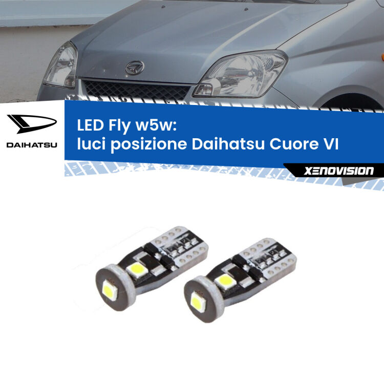 0 Luci posizione LED Daihatsu Cuore VI 2003-2007: W5W Fly <strong>luci posizione LED per Daihatsu Cuore VI</strong> 2003-2007. Coppia lampadine <strong>w5w</strong> Canbus compatte modello Fly Xenovision.