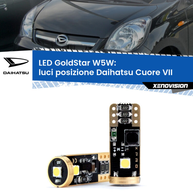 0 Luci posizione LED Daihatsu Cuore VII 2007-2018: T10 GoldStar <strong>Luci posizione LED Daihatsu Cuore VII</strong> 2007-2018: ottima luminosità a 360 gradi. Si inseriscono ovunque. Canbus, Top Quality.