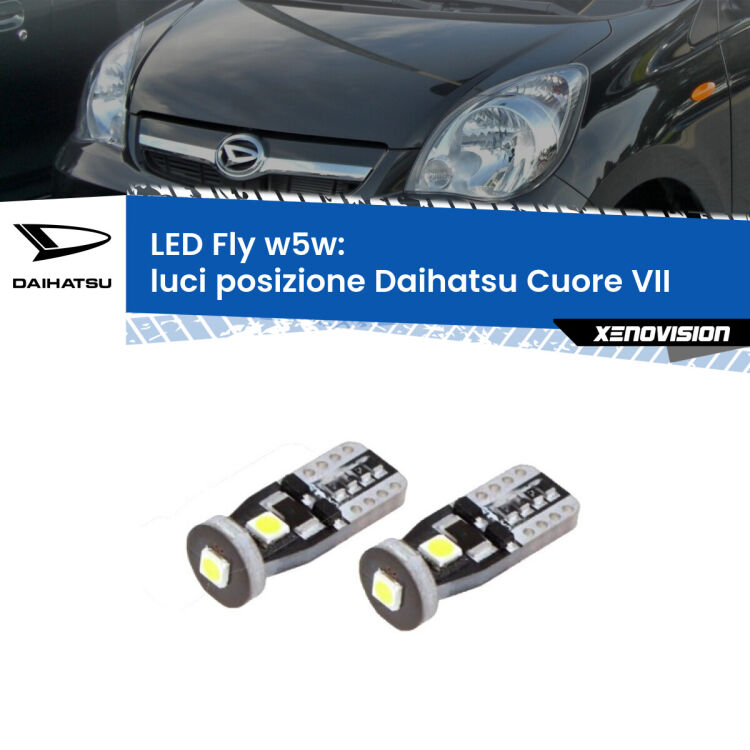 0 Luci posizione LED Daihatsu Cuore VII 2007-2018: W5W Fly <strong>luci posizione LED per Daihatsu Cuore VII</strong> 2007-2018. Coppia lampadine <strong>w5w</strong> Canbus compatte modello Fly Xenovision.