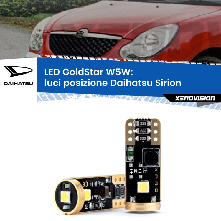 0 Luci posizione LED Daihatsu Sirion 2005-2008: T10 GoldStar <strong>Luci posizione LED Daihatsu Sirion</strong> 2005-2008: ottima luminosità a 360 gradi. Si inseriscono ovunque. Canbus, Top Quality.
