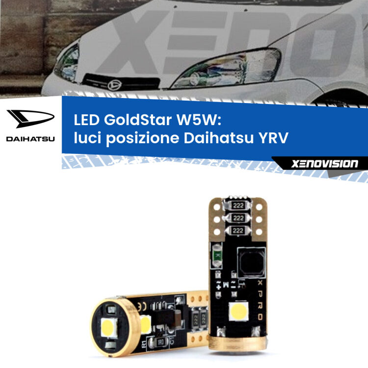 0 Luci posizione LED Daihatsu YRV 2000-2005: T10 GoldStar <strong>Luci posizione LED Daihatsu YRV</strong> 2000-2005: ottima luminosità a 360 gradi. Si inseriscono ovunque. Canbus, Top Quality.