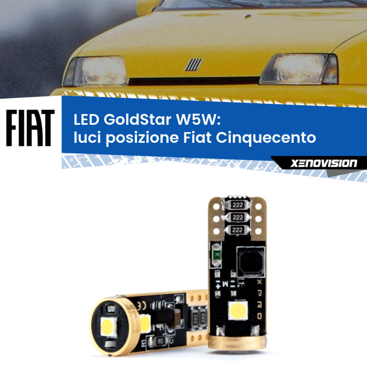0 Luci posizione LED Fiat Cinquecento 1991-1999: T10 GoldStar <strong>Luci posizione LED Fiat Cinquecento</strong> 1991-1999: ottima luminosità a 360 gradi. Si inseriscono ovunque. Canbus, Top Quality.