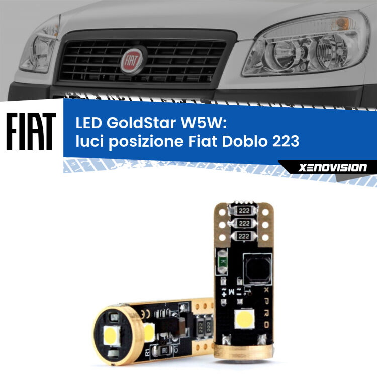 0 Luci posizione LED Fiat Doblo 223 2000-2010: T10 GoldStar <strong>Luci posizione LED Fiat Doblo</strong> 223 2000-2010: ottima luminosità a 360 gradi. Si inseriscono ovunque. Canbus, Top Quality.