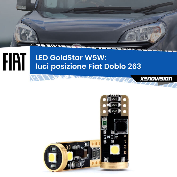 0 Luci posizione LED Fiat Doblo 263 2010-2014: T10 GoldStar <strong>Luci posizione LED Fiat Doblo</strong> 263 2010-2014: ottima luminosità a 360 gradi. Si inseriscono ovunque. Canbus, Top Quality.