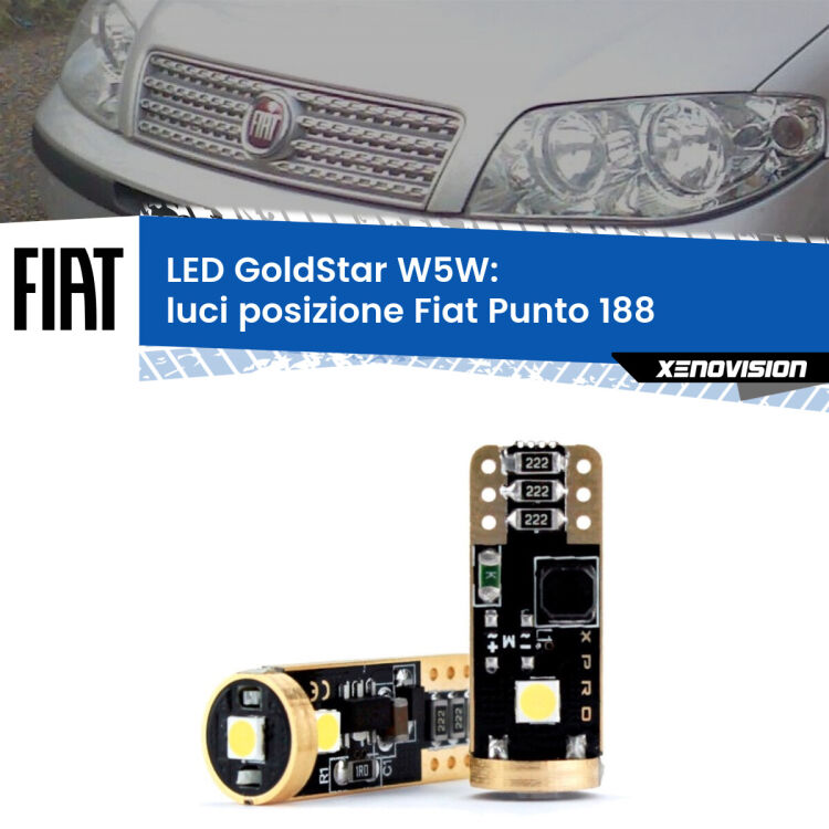0 Luci posizione LED Fiat Punto 188 1999-2010: T10 GoldStar <strong>Luci posizione LED Fiat Punto</strong> 188 1999-2010: ottima luminosità a 360 gradi. Si inseriscono ovunque. Canbus, Top Quality.