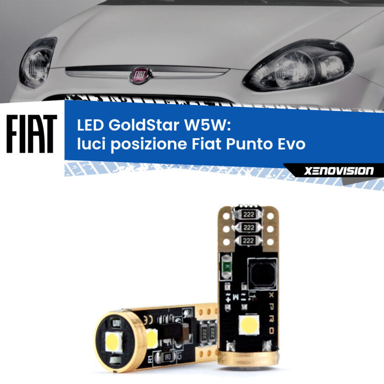 0 Luci posizione LED Fiat Punto Evo 2009-2015: T10 GoldStar <strong>Luci posizione LED Fiat Punto Evo</strong> 2009-2015: ottima luminosità a 360 gradi. Si inseriscono ovunque. Canbus, Top Quality.