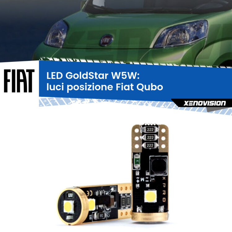 0 Luci posizione LED Fiat Qubo 2008-2021: T10 GoldStar <strong>Luci posizione LED Fiat Qubo</strong> 2008-2021: ottima luminosità a 360 gradi. Si inseriscono ovunque. Canbus, Top Quality.