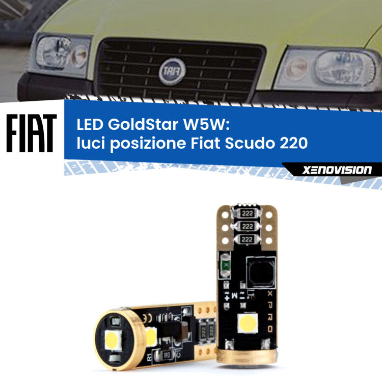 0 Luci posizione LED Fiat Scudo 220 1996-2006: T10 GoldStar <strong>Luci posizione LED Fiat Scudo</strong> 220 1996-2006: ottima luminosità a 360 gradi. Si inseriscono ovunque. Canbus, Top Quality.