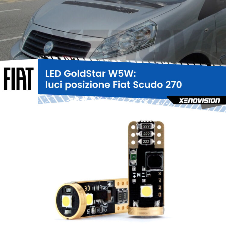 0 Luci posizione LED Fiat Scudo 270 2007-2016: T10 GoldStar <strong>Luci posizione LED Fiat Scudo</strong> 270 2007-2016: ottima luminosità a 360 gradi. Si inseriscono ovunque. Canbus, Top Quality.
