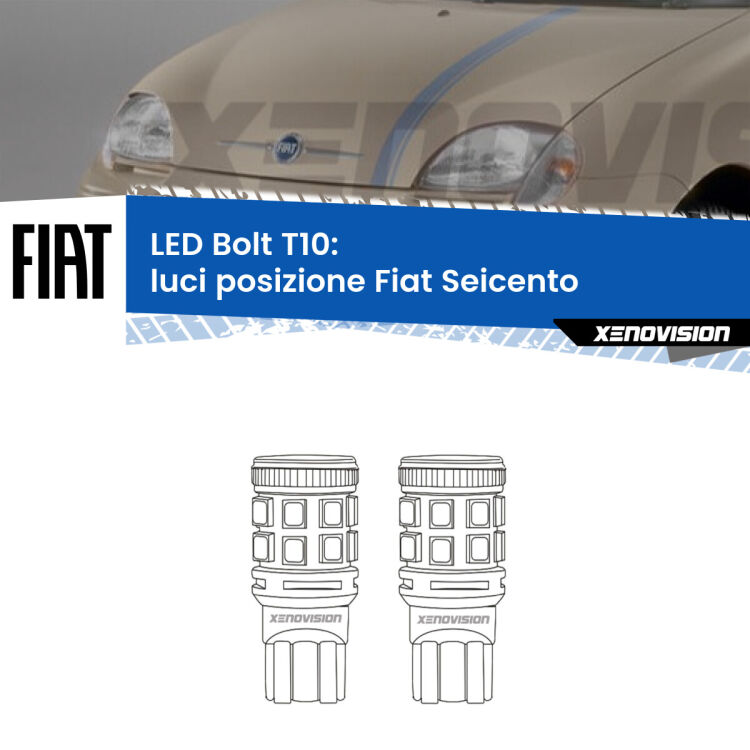 0 Luci posizione LED Fiat Seicento 1998-2010: T10 Bolt <strong>Luci posizione LED per Fiat Seicento</strong> 1998-2010. Coppia lampade <strong>T10</strong> modello Bolt canbus.