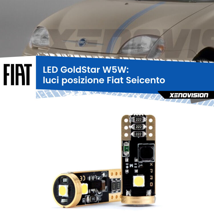 0 Luci posizione LED Fiat Seicento 1998-2010: T10 GoldStar <strong>Luci posizione LED Fiat Seicento</strong> 1998-2010: ottima luminosità a 360 gradi. Si inseriscono ovunque. Canbus, Top Quality.