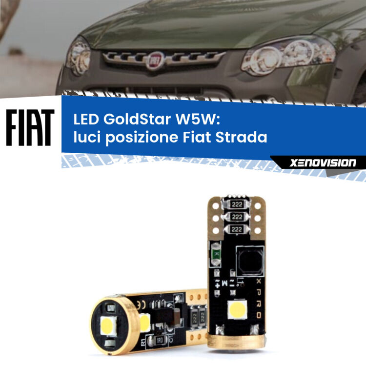 0 Luci posizione LED Fiat Strada 1999-2021: T10 GoldStar <strong>Luci posizione LED Fiat Strada</strong> 1999-2021: ottima luminosità a 360 gradi. Si inseriscono ovunque. Canbus, Top Quality.