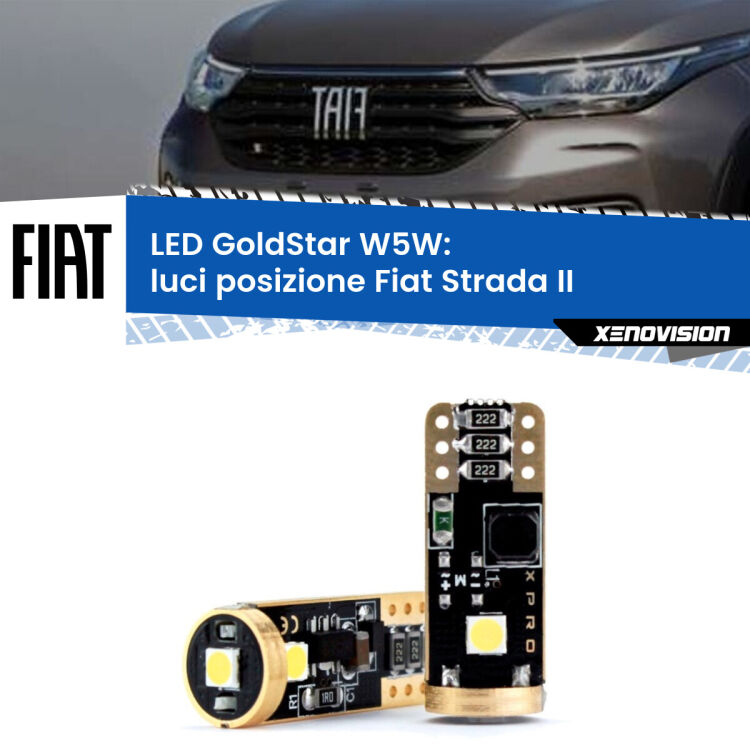 0 Luci posizione LED Fiat Strada II 2017in poi: T10 GoldStar <strong>Luci posizione LED Fiat Strada</strong> II 2017in poi: ottima luminosità a 360 gradi. Si inseriscono ovunque. Canbus, Top Quality.