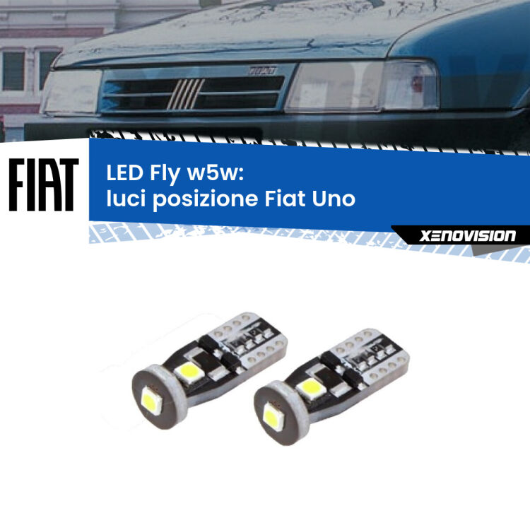 0 Luci posizione LED Fiat Uno 1983-1995: W5W Fly <strong>luci posizione LED per Fiat Uno</strong> 1983-1995. Coppia lampadine <strong>w5w</strong> Canbus compatte modello Fly Xenovision.