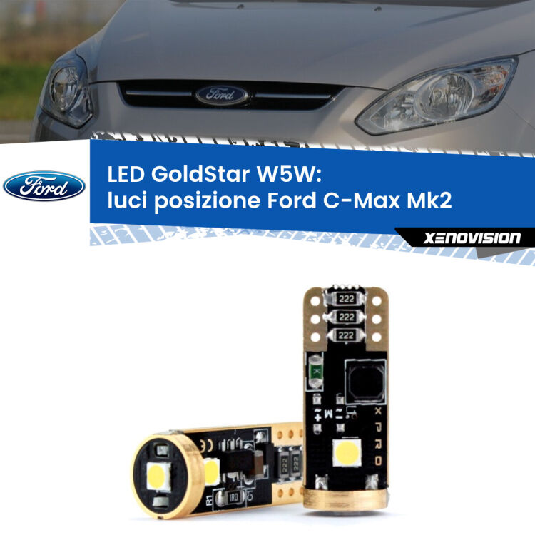 0 Luci posizione LED Ford C-Max Mk2 2011-2019: T10 GoldStar <strong>Luci posizione LED Ford C-Max</strong> Mk2 2011-2019: ottima luminosità a 360 gradi. Si inseriscono ovunque. Canbus, Top Quality.