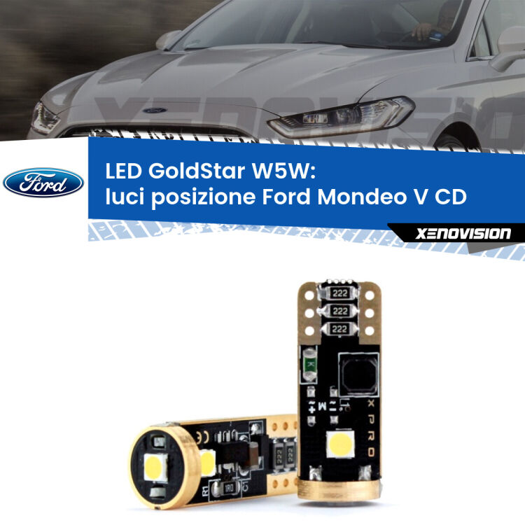 0 Luci posizione LED Ford Mondeo V CD 2012-2016: T10 GoldStar <strong>Luci posizione LED Ford Mondeo V</strong> CD 2012-2016: ottima luminosità a 360 gradi. Si inseriscono ovunque. Canbus, Top Quality.