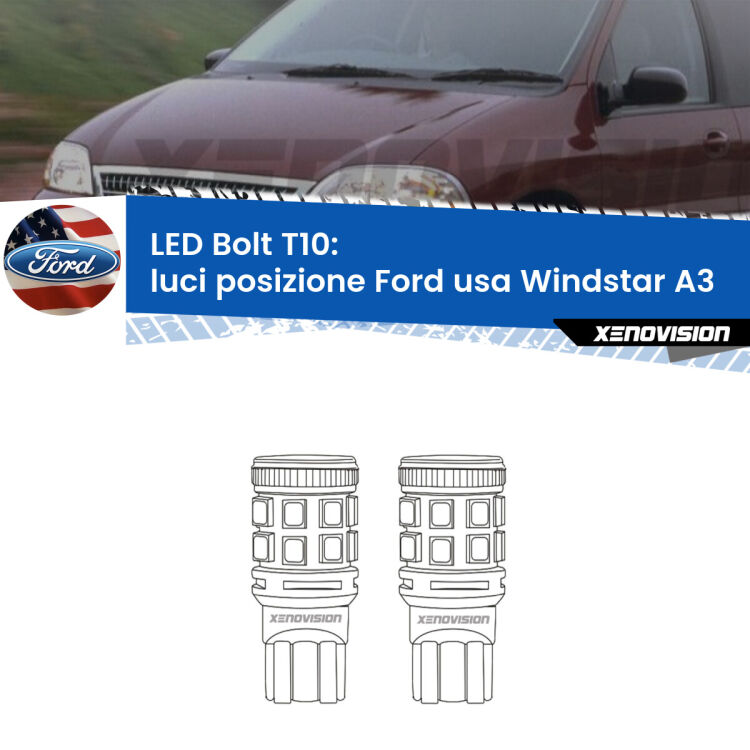 0 Luci posizione LED Ford usa Windstar A3 1995-2000: T10 Bolt <strong>Luci posizione LED per Ford usa Windstar</strong> A3 1995-2000. Coppia lampade <strong>T10</strong> modello Bolt canbus.