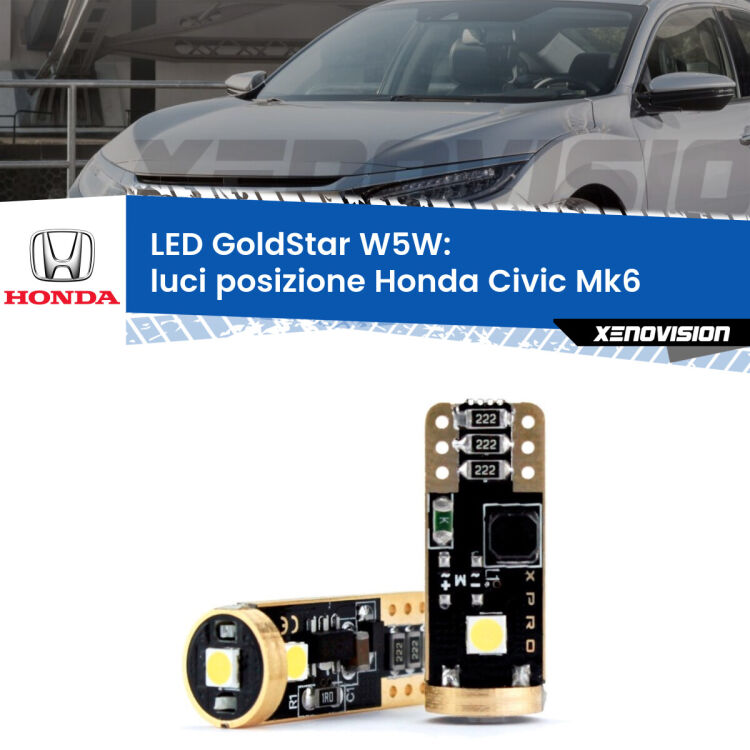 0 Luci posizione LED Honda Civic Mk6 1995-1999: T10 GoldStar <strong>Luci posizione LED Honda Civic</strong> Mk6 1995-1999: ottima luminosità a 360 gradi. Si inseriscono ovunque. Canbus, Top Quality.