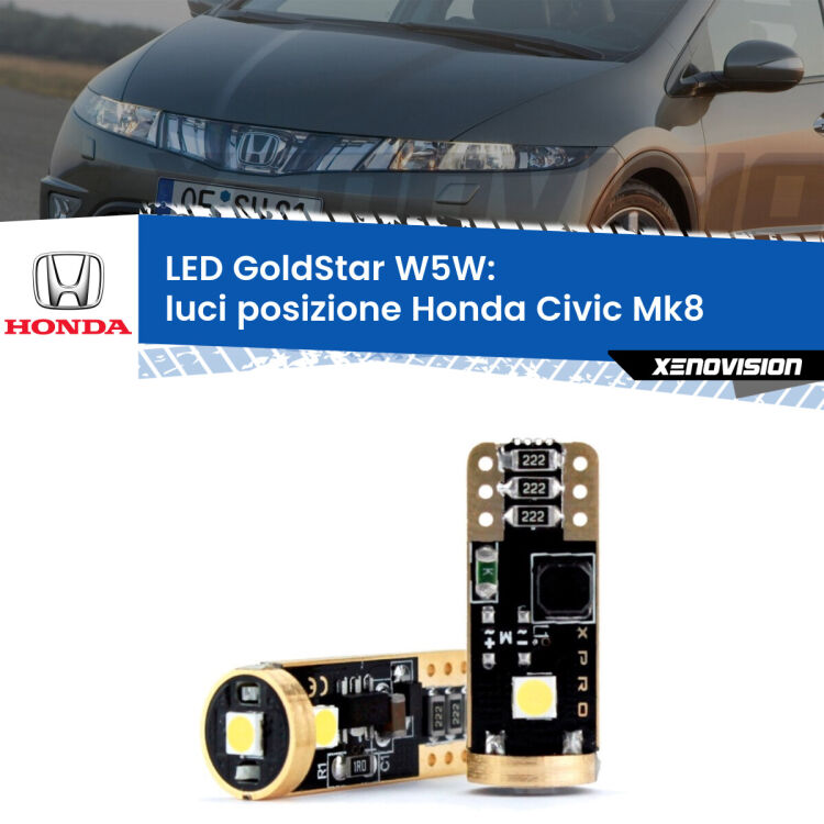 0 Luci posizione LED Honda Civic Mk8 2005-2010: T10 GoldStar <strong>Luci posizione LED Honda Civic</strong> Mk8 2005-2010: ottima luminosità a 360 gradi. Si inseriscono ovunque. Canbus, Top Quality.