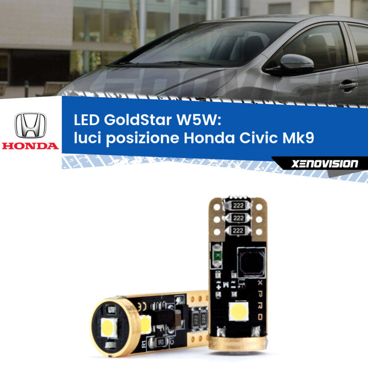 0 Luci posizione LED Honda Civic Mk9 2011-2014: T10 GoldStar <strong>Luci posizione LED Honda Civic</strong> Mk9 2011-2014: ottima luminosità a 360 gradi. Si inseriscono ovunque. Canbus, Top Quality.
