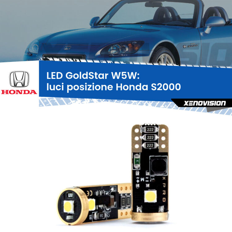 0 Luci posizione LED Honda S2000 1999-2009: T10 GoldStar <strong>Luci posizione LED Honda S2000</strong> 1999-2009: ottima luminosità a 360 gradi. Si inseriscono ovunque. Canbus, Top Quality.