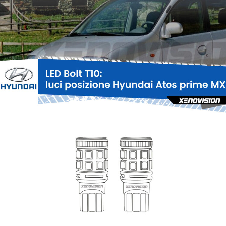 0 Luci posizione LED Hyundai Atos prime MX 1997-2008: T10 Bolt <strong>Luci posizione LED per Hyundai Atos prime</strong> MX 1997-2008. Coppia lampade <strong>T10</strong> modello Bolt canbus.