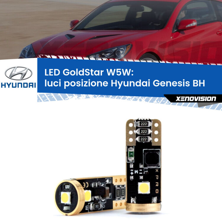 0 Luci posizione LED Hyundai Genesis BH 2008-2014: T10 GoldStar <strong>Luci posizione LED Hyundai Genesis</strong> BH 2008-2014: ottima luminosità a 360 gradi. Si inseriscono ovunque. Canbus, Top Quality.