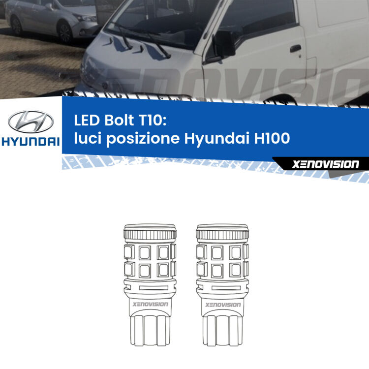 0 Luci posizione LED Hyundai H100  1994-2000: T10 Bolt <strong>Luci posizione LED per Hyundai H100</strong>  1994-2000. Coppia lampade <strong>T10</strong> modello Bolt canbus.