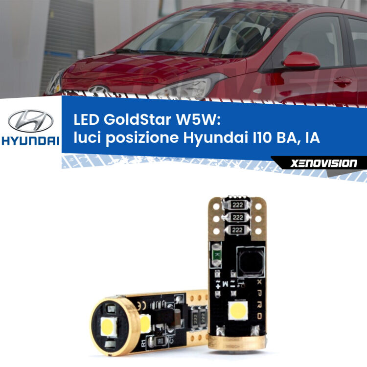 0 Luci posizione LED Hyundai I10 BA, IA 2013-2016: T10 GoldStar <strong>Luci posizione LED Hyundai I10</strong> BA, IA 2013-2016: ottima luminosità a 360 gradi. Si inseriscono ovunque. Canbus, Top Quality.