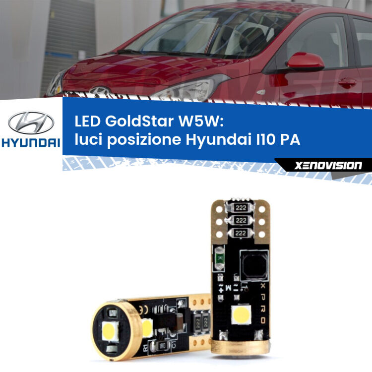 0 Luci posizione LED Hyundai I10 PA 2007-2017: T10 GoldStar <strong>Luci posizione LED Hyundai I10</strong> PA 2007-2017: ottima luminosità a 360 gradi. Si inseriscono ovunque. Canbus, Top Quality.