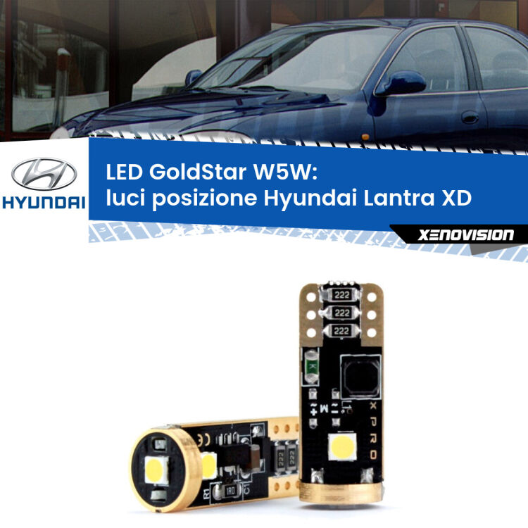 0 Luci posizione LED Hyundai Lantra XD 2000-2006: T10 GoldStar <strong>Luci posizione LED Hyundai Lantra</strong> XD 2000-2006: ottima luminosità a 360 gradi. Si inseriscono ovunque. Canbus, Top Quality.