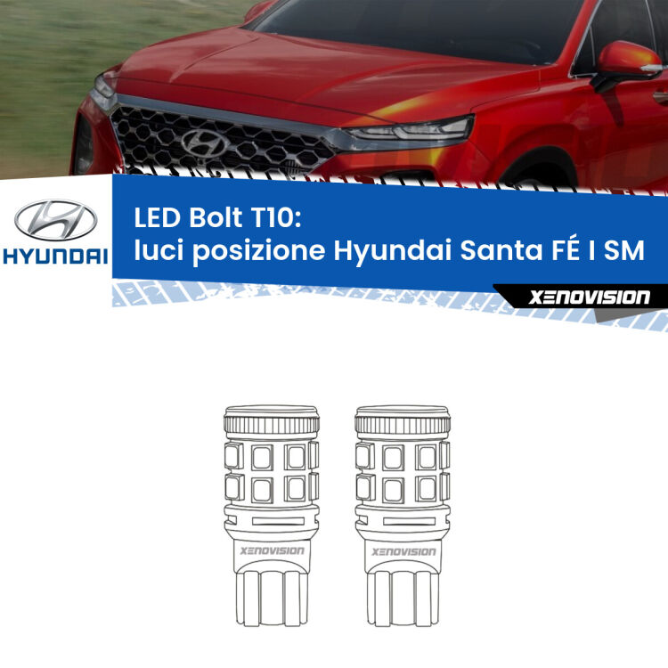 0 Luci posizione LED Hyundai Santa FÉ I SM versione 1: T10 Bolt <strong>Luci posizione LED per Hyundai Santa FÉ I</strong> SM versione 1. Coppia lampade <strong>T10</strong> modello Bolt canbus.