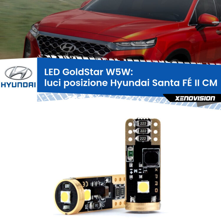 0 Luci posizione LED Hyundai Santa FÉ II CM 2005-2012: T10 GoldStar <strong>Luci posizione LED Hyundai Santa FÉ II</strong> CM 2005-2012: ottima luminosità a 360 gradi. Si inseriscono ovunque. Canbus, Top Quality.
