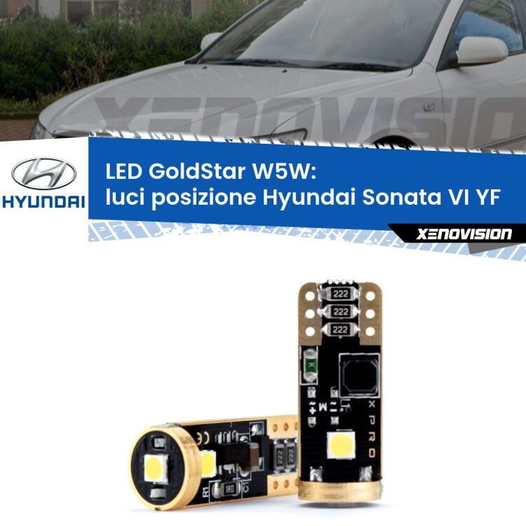 0 Luci posizione LED Hyundai Sonata VI YF 2009-2015: T10 GoldStar <strong>Luci posizione LED Hyundai Sonata VI</strong> YF 2009-2015: ottima luminosità a 360 gradi. Si inseriscono ovunque. Canbus, Top Quality.