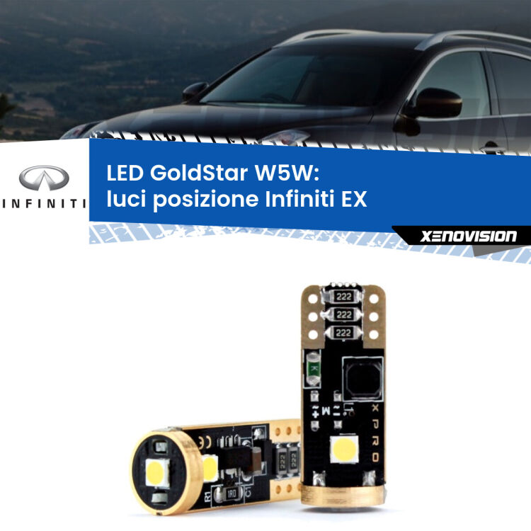 0 Luci posizione LED Infiniti EX 2008in poi: T10 GoldStar <strong>Luci posizione LED Infiniti EX</strong> 2008in poi: ottima luminosità a 360 gradi. Si inseriscono ovunque. Canbus, Top Quality.