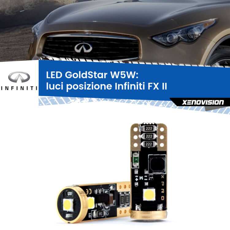 0 Luci posizione LED Infiniti FX II 2008-2013: T10 GoldStar <strong>Luci posizione LED Infiniti FX</strong> II 2008-2013: ottima luminosità a 360 gradi. Si inseriscono ovunque. Canbus, Top Quality.
