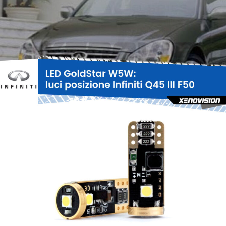0 Luci posizione LED Infiniti Q45 III F50 2001-2006: T10 GoldStar <strong>Luci posizione LED Infiniti Q45 III</strong> F50 2001-2006: ottima luminosità a 360 gradi. Si inseriscono ovunque. Canbus, Top Quality.