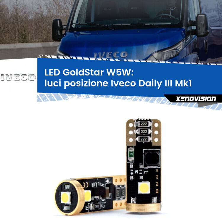 0 Luci posizione LED Iveco Daily III Mk1 2014-2016: T10 GoldStar <strong>Luci posizione LED Iveco Daily III</strong> Mk1 2014-2016: ottima luminosità a 360 gradi. Si inseriscono ovunque. Canbus, Top Quality.