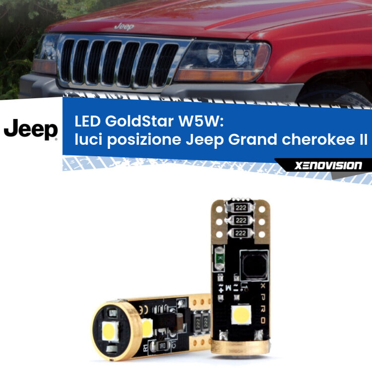 0 Luci posizione LED Jeep Grand cherokee II WJ, WG 1999-2004: T10 GoldStar <strong>Luci posizione LED Jeep Grand cherokee II</strong> WJ, WG 1999-2004: ottima luminosità a 360 gradi. Si inseriscono ovunque. Canbus, Top Quality.