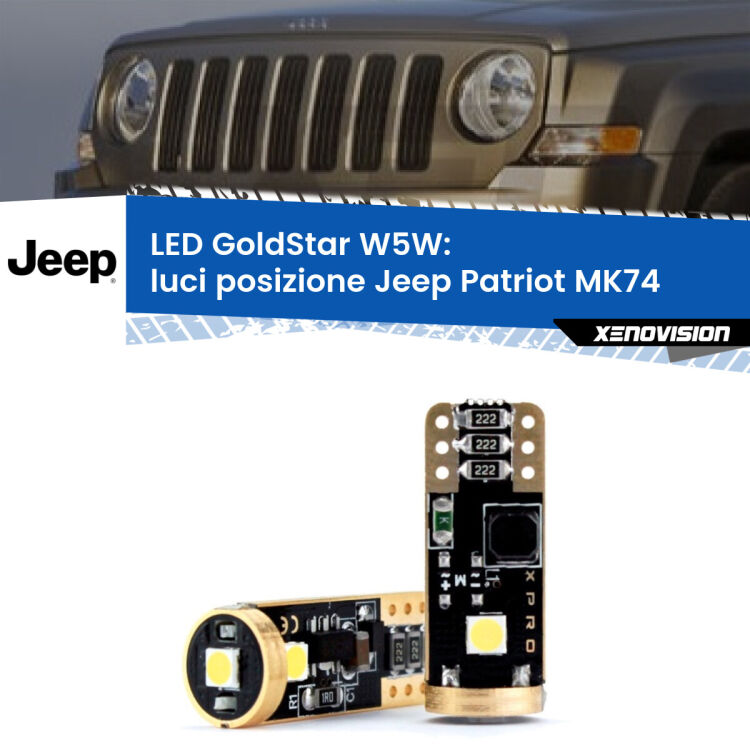 0 Luci posizione LED Jeep Patriot MK74 2007-2017: T10 GoldStar <strong>Luci posizione LED Jeep Patriot</strong> MK74 2007-2017: ottima luminosità a 360 gradi. Si inseriscono ovunque. Canbus, Top Quality.