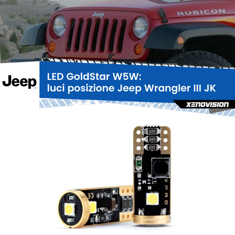 0 Luci posizione LED Jeep Wrangler III JK 2006-2016: T10 GoldStar <strong>Luci posizione LED Jeep Wrangler III</strong> JK 2006-2016: ottima luminosità a 360 gradi. Si inseriscono ovunque. Canbus, Top Quality.