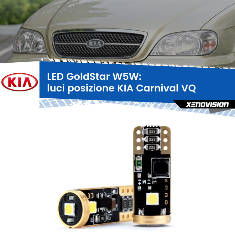 0 Luci posizione LED KIA Carnival VQ 2005-2013: T10 GoldStar <strong>Luci posizione LED KIA Carnival</strong> VQ 2005-2013: ottima luminosità a 360 gradi. Si inseriscono ovunque. Canbus, Top Quality.