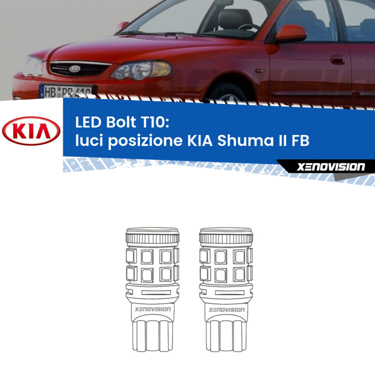 0 Luci posizione LED KIA Shuma II FB 2001-2004: T10 Bolt <strong>Luci posizione LED per KIA Shuma II</strong> FB 2001-2004. Coppia lampade <strong>T10</strong> modello Bolt canbus.