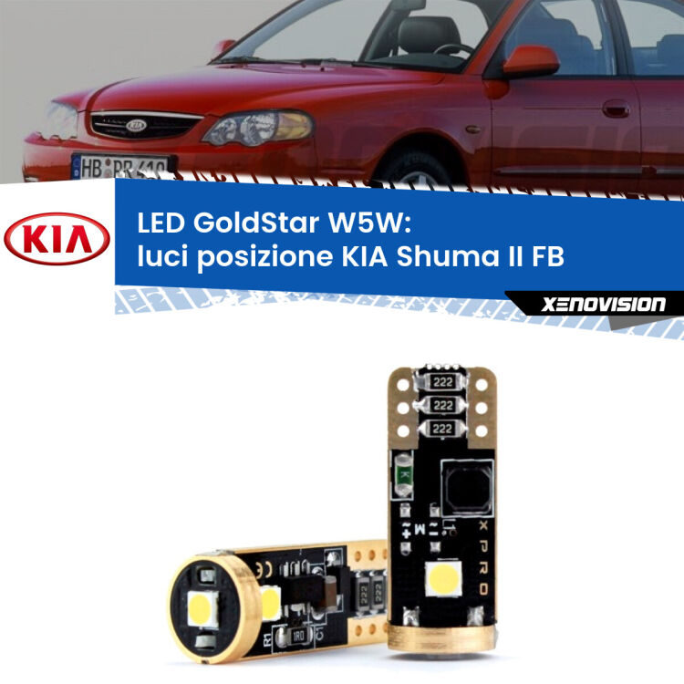0 Luci posizione LED KIA Shuma II FB 2001-2004: T10 GoldStar <strong>Luci posizione LED KIA Shuma II</strong> FB 2001-2004: ottima luminosità a 360 gradi. Si inseriscono ovunque. Canbus, Top Quality.