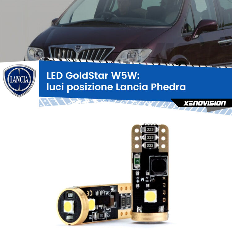 0 Luci posizione LED Lancia Phedra 2002-2010: T10 GoldStar <strong>Luci posizione LED Lancia Phedra</strong> 2002-2010: ottima luminosità a 360 gradi. Si inseriscono ovunque. Canbus, Top Quality.