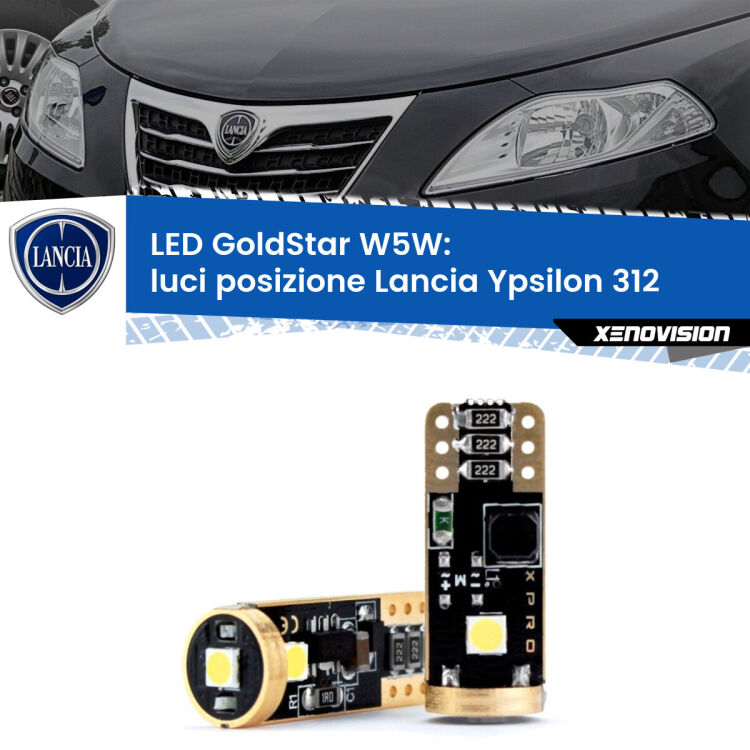 0 Luci posizione LED Lancia Ypsilon II 312 2011in poi: T10 GoldStar <strong>Luci posizione LED Lancia Ypsilon</strong> II 312 2011in poi: ottima luminosità a 360 gradi. Si inseriscono ovunque. Canbus, Top Quality.