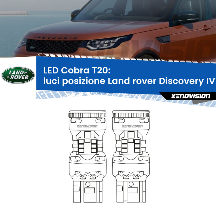 Luci posizione LED Land rover Discovery IV L319 con fari xeno: T20 Cobra <strong>Luci posizione LED no-spie per Land rover Discovery IV</strong> L319 con fari xeno. Coppia lampade <strong>T20</strong> modello Cobra super-canbus, raffreddate a ventola.