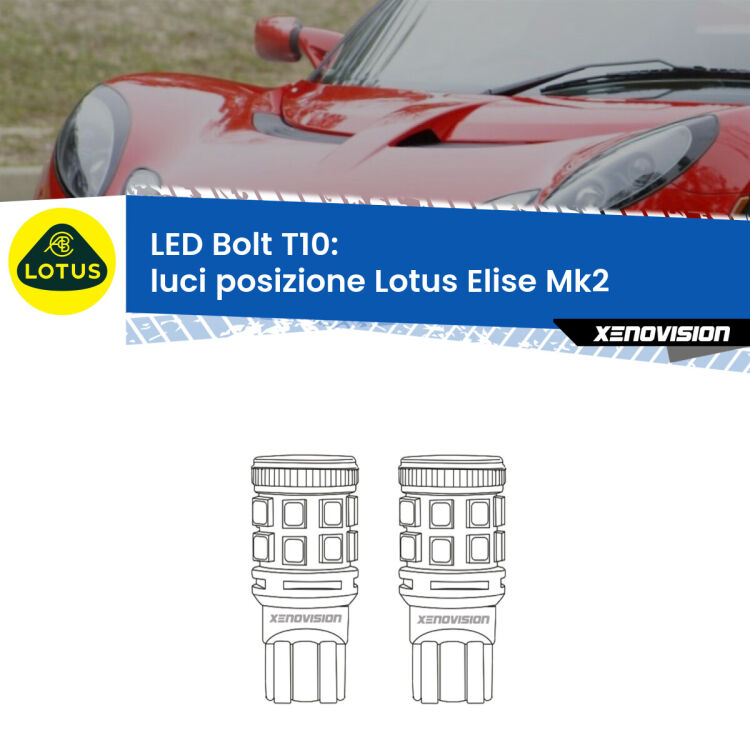 0 Luci posizione LED Lotus Elise Mk2 2000-2009: T10 Bolt <strong>Luci posizione LED per Lotus Elise</strong> Mk2 2000-2009. Coppia lampade <strong>T10</strong> modello Bolt canbus.