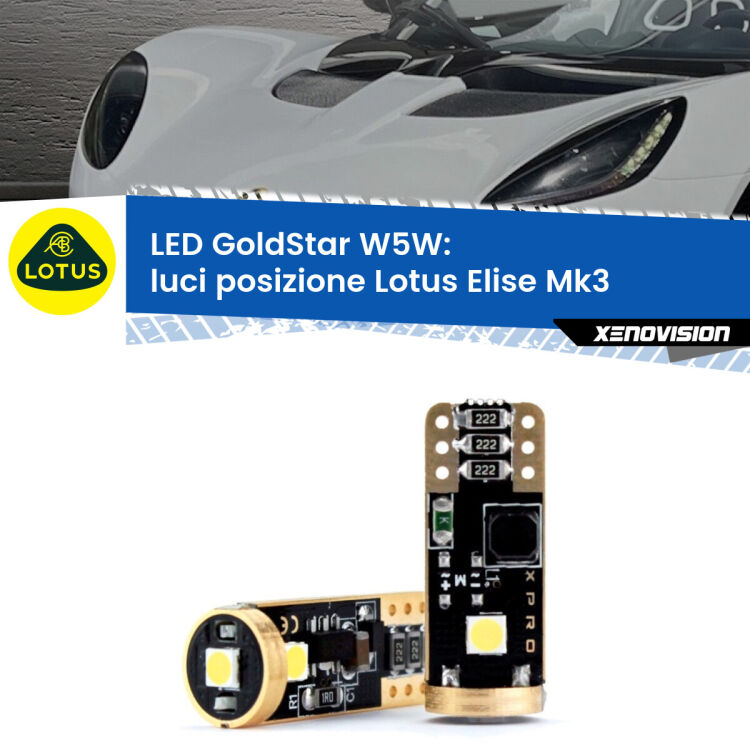 0 Luci posizione LED Lotus Elise Mk3 2010-2022: T10 GoldStar <strong>Luci posizione LED Lotus Elise</strong> Mk3 2010-2022: ottima luminosità a 360 gradi. Si inseriscono ovunque. Canbus, Top Quality.
